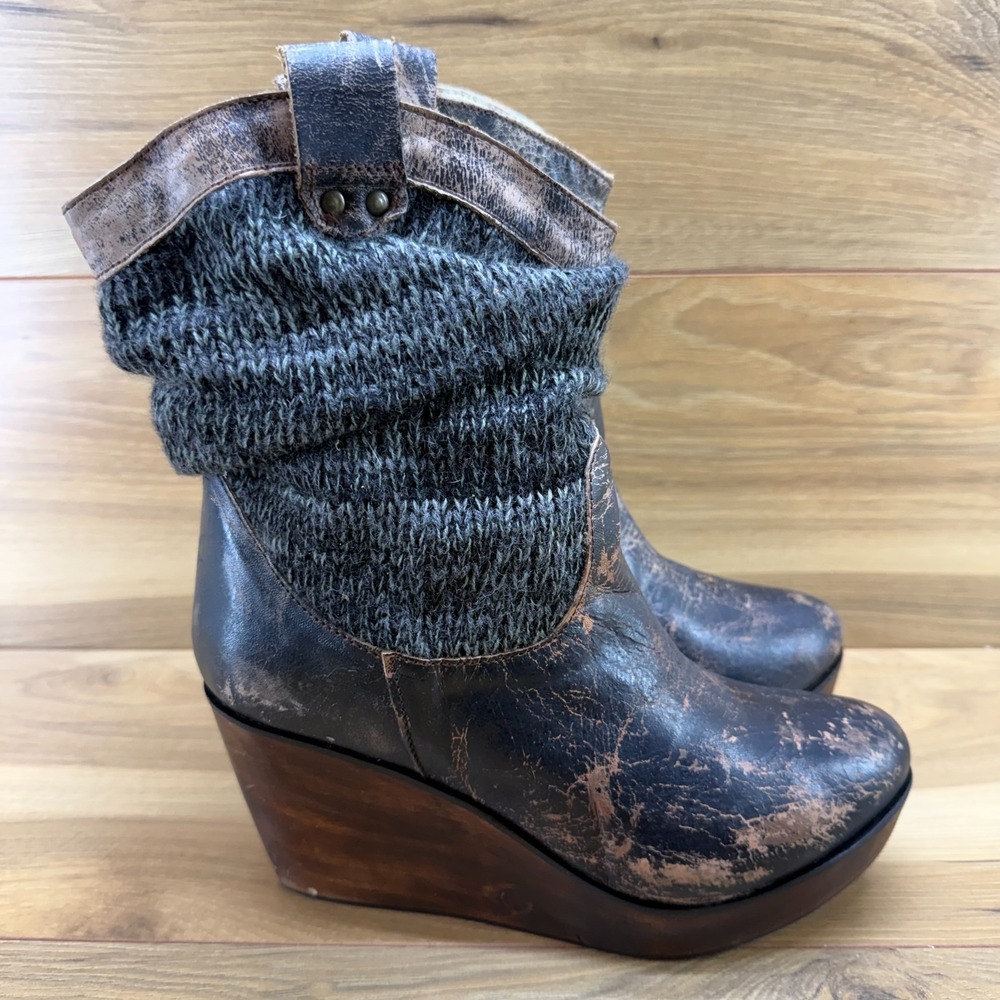 BEDSTU Bruges Wedge Knit Slouch Boots Womens 9.5 Distressed Brown Leather